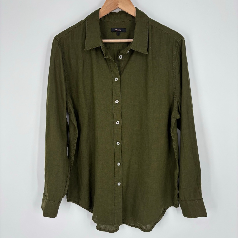 Quince European Linen Long Sleeve Shirt Martini Olive Womens L Button Up